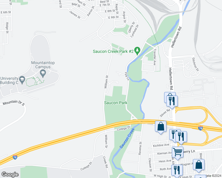 map of restaurants, bars, coffee shops, grocery stores, and more near 1141 Meadow Lark Way in Bethlehem