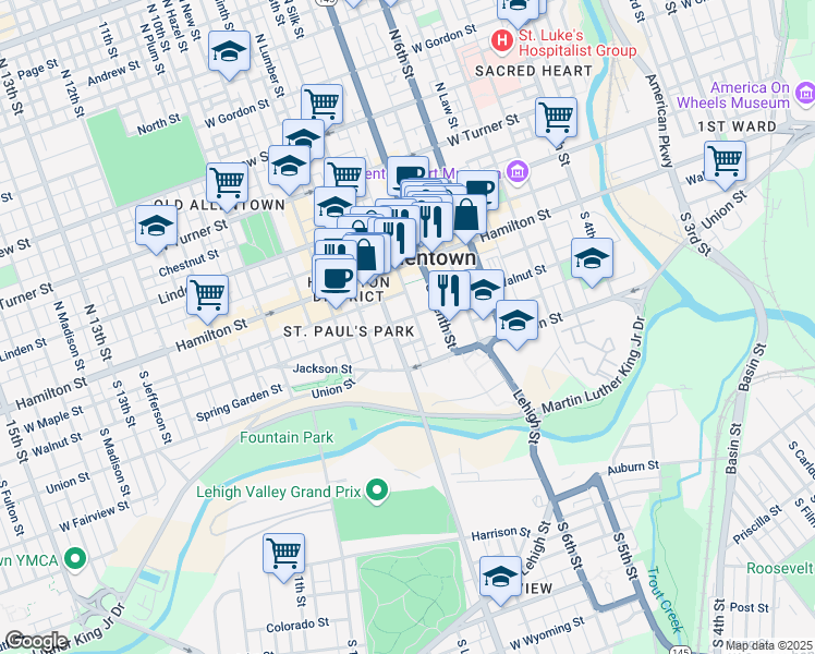 map of restaurants, bars, coffee shops, grocery stores, and more near 737 Walnut Street in Allentown