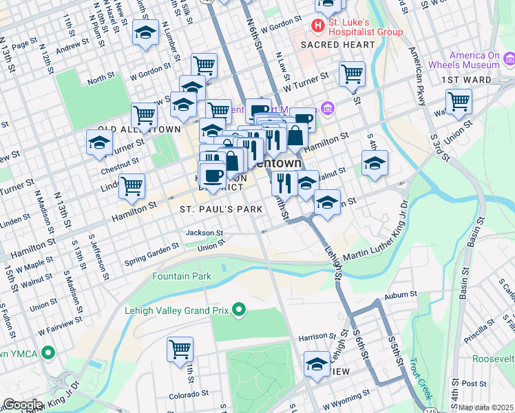 map of restaurants, bars, coffee shops, grocery stores, and more near 737 Walnut Street in Allentown