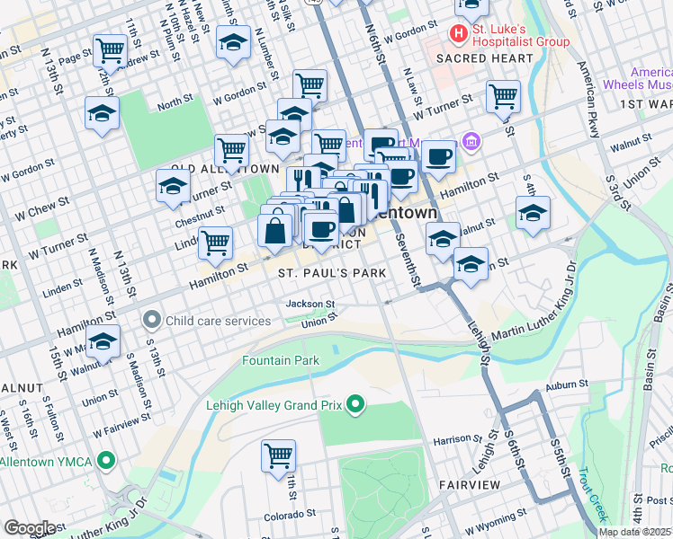 map of restaurants, bars, coffee shops, grocery stores, and more near 824 West Maple Street in Allentown