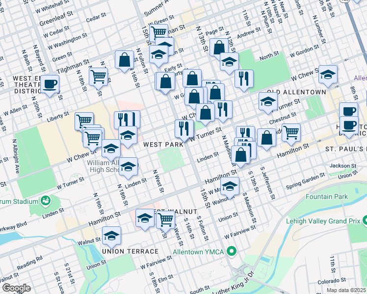 map of restaurants, bars, coffee shops, grocery stores, and more near 137 North 15th Street in Allentown