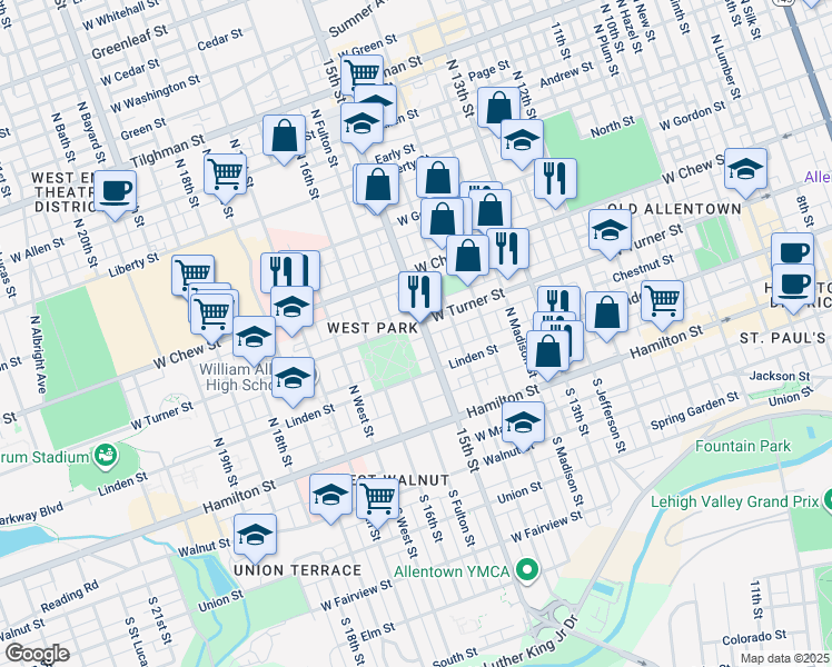 map of restaurants, bars, coffee shops, grocery stores, and more near 137 North 15th Street in Allentown