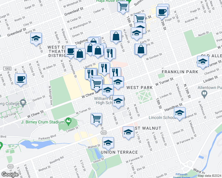 map of restaurants, bars, coffee shops, grocery stores, and more near 1745 West Chew Street in Allentown