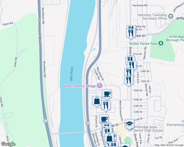 map of restaurants, bars, coffee shops, grocery stores, and more near 64 Pugar Place in Ambridge