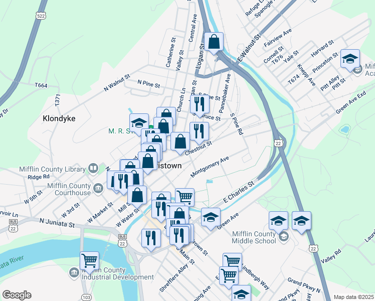 map of restaurants, bars, coffee shops, grocery stores, and more near 65 Chestnut Street in Lewistown