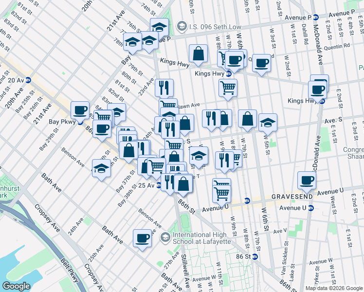 map of restaurants, bars, coffee shops, grocery stores, and more near 30 Avenue S in Brooklyn