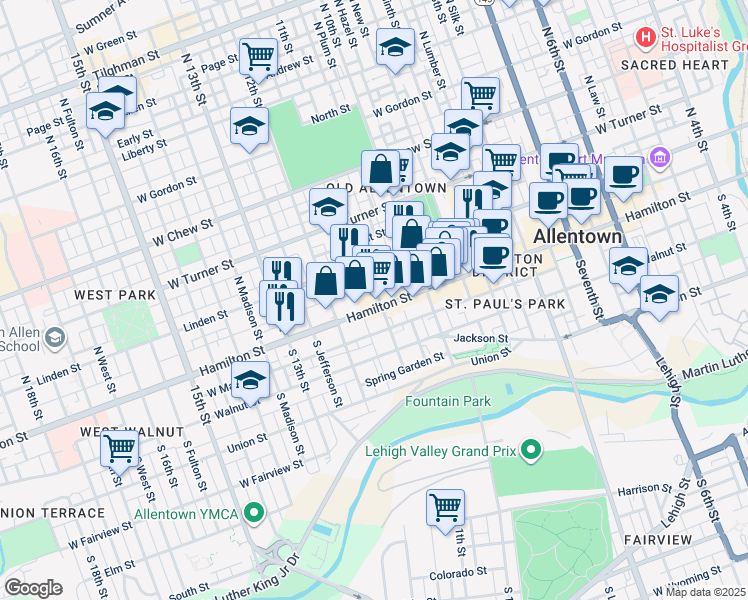 map of restaurants, bars, coffee shops, grocery stores, and more near 19 11th Street in Allentown