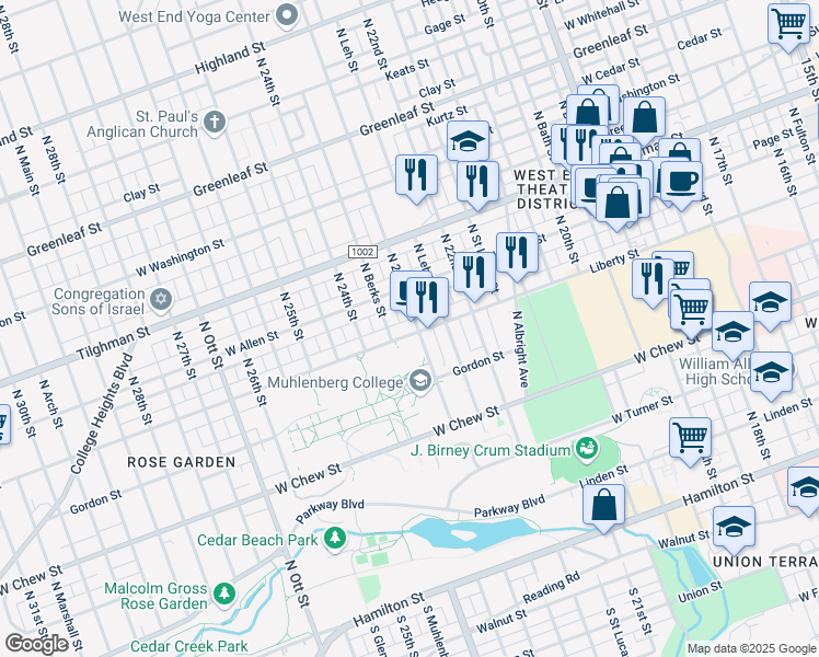 map of restaurants, bars, coffee shops, grocery stores, and more near 2305 Liberty Street in Allentown