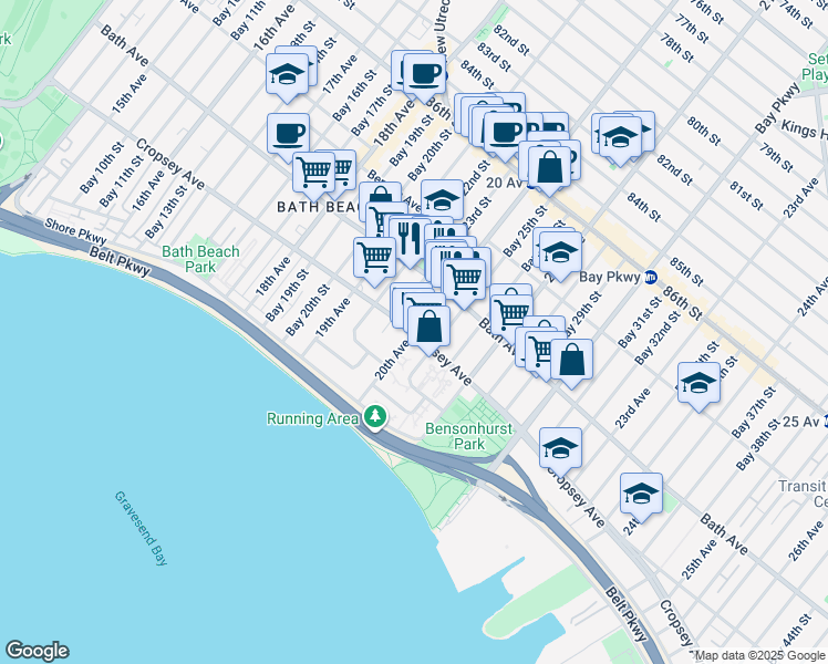 map of restaurants, bars, coffee shops, grocery stores, and more near Cropsey Ave & 20th Ave in Brooklyn