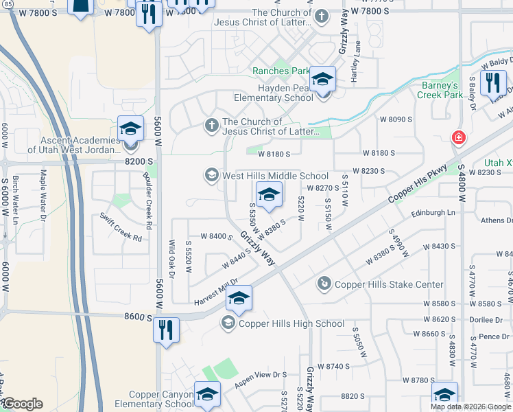 map of restaurants, bars, coffee shops, grocery stores, and more near 8317 Spratling Drive in West Jordan