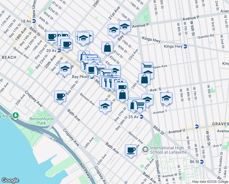 map of restaurants, bars, coffee shops, grocery stores, and more near 2326 85th Street in Brooklyn