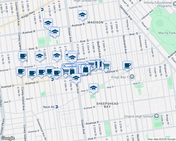 map of restaurants, bars, coffee shops, grocery stores, and more near 2078 East 22nd Street in Brooklyn