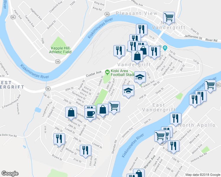 map of restaurants, bars, coffee shops, grocery stores, and more near 418 Wallace Street in Vandergrift