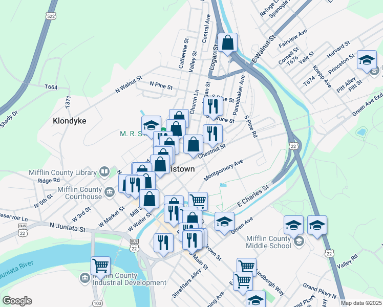 map of restaurants, bars, coffee shops, grocery stores, and more near 11 Logan Street in Lewistown