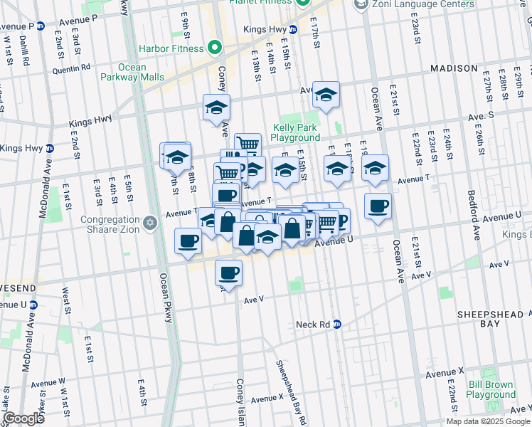 map of restaurants, bars, coffee shops, grocery stores, and more near 2012 East 13th Street in Brooklyn