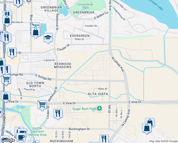 map of restaurants, bars, coffee shops, grocery stores, and more near 813 Martinez St in Fort Collins