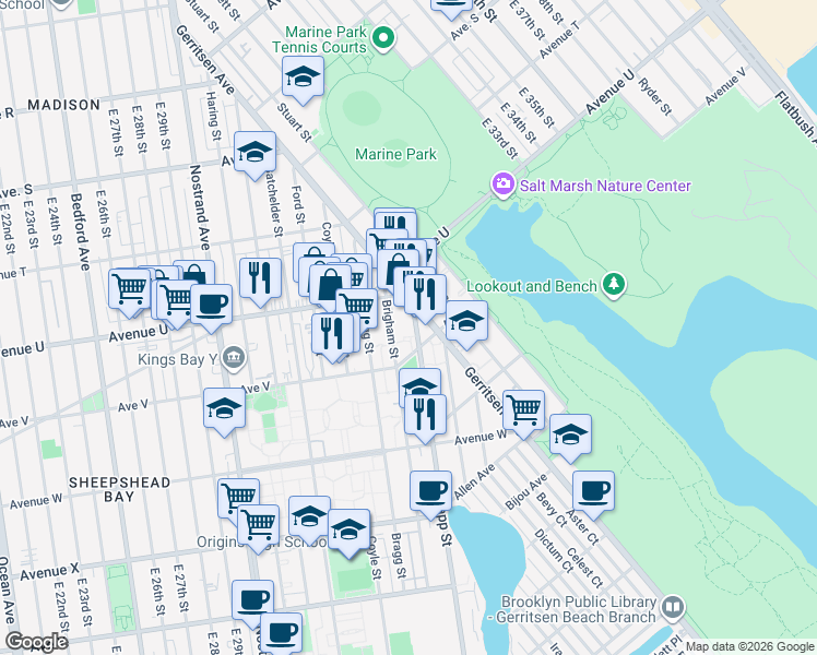 map of restaurants, bars, coffee shops, grocery stores, and more near 2145 Brigham Street in Brooklyn