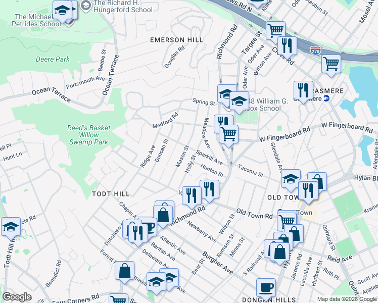 map of restaurants, bars, coffee shops, grocery stores, and more near 116 Mason Street in Staten Island