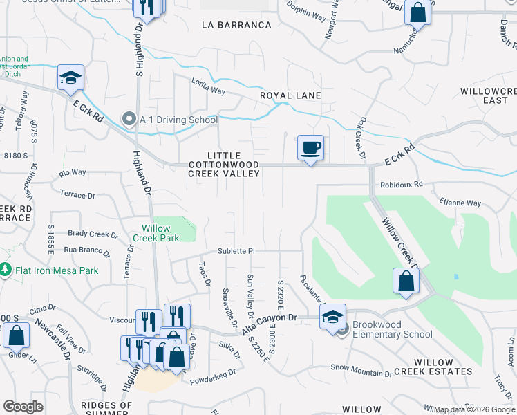 map of restaurants, bars, coffee shops, grocery stores, and more near 8318 Ridge Point Road in Sandy