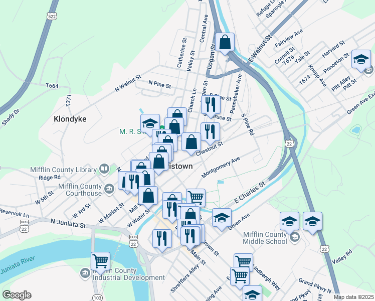 map of restaurants, bars, coffee shops, grocery stores, and more near 11 Logan Street in Lewistown