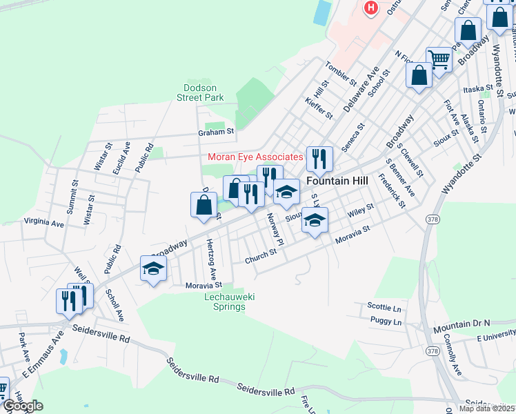 map of restaurants, bars, coffee shops, grocery stores, and more near 1319 Broadway in Fountain Hill