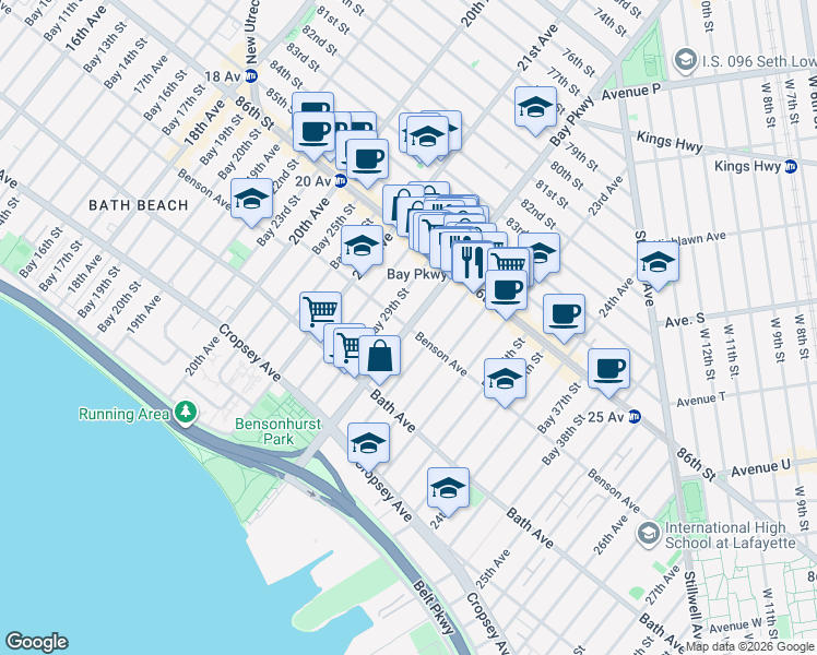 map of restaurants, bars, coffee shops, grocery stores, and more near Bay Parkway & Benson Avenue in Brooklyn
