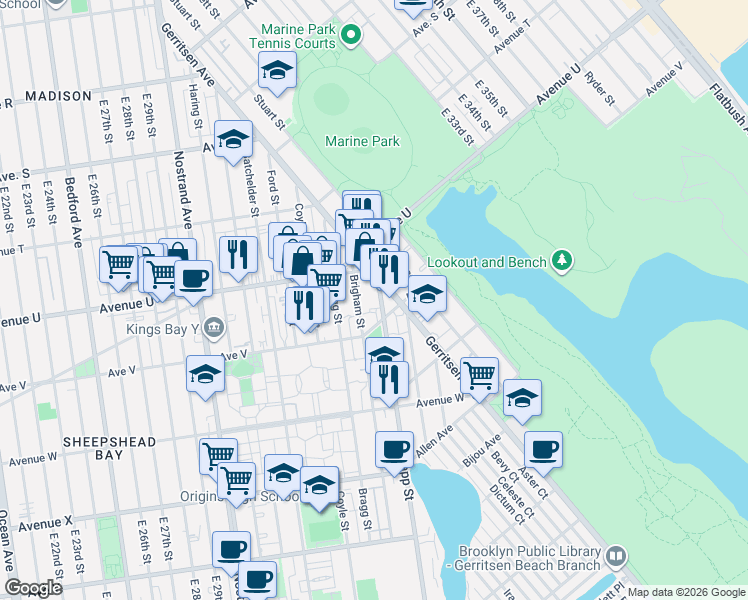 map of restaurants, bars, coffee shops, grocery stores, and more near 2140 Knapp Street in Brooklyn