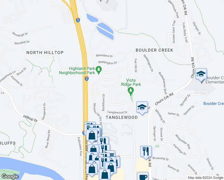 map of restaurants, bars, coffee shops, grocery stores, and more near 843 Montcrest Drive in Redding