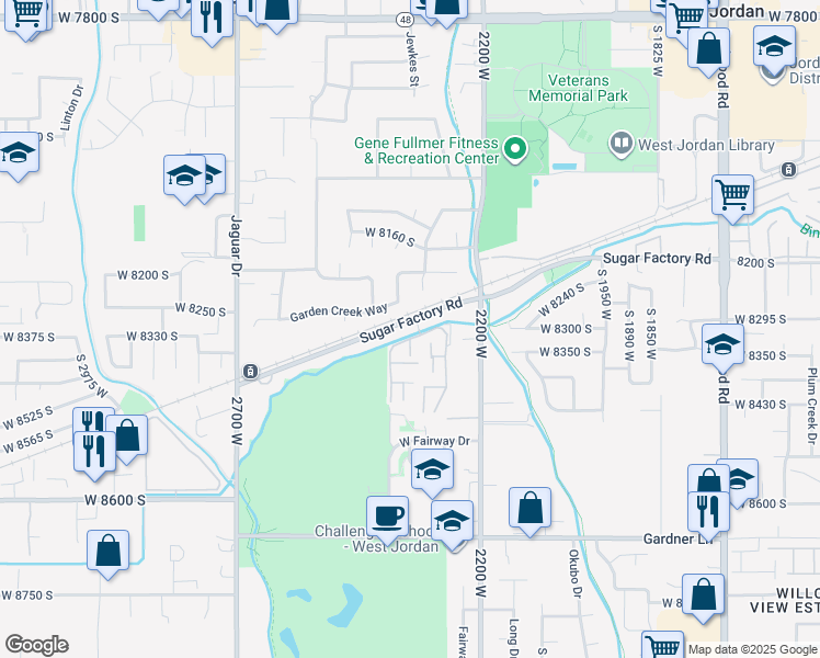 map of restaurants, bars, coffee shops, grocery stores, and more near 2315 Sugar Factory Road in West Jordan