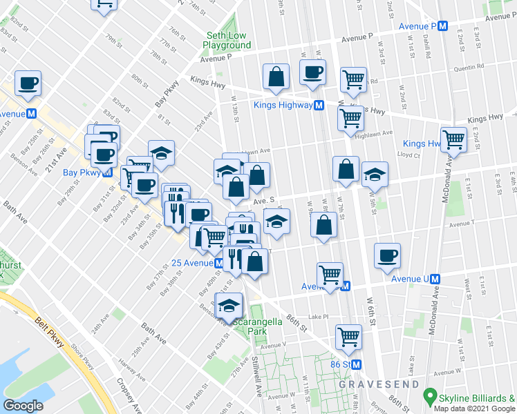 map of restaurants, bars, coffee shops, grocery stores, and more near 40 Avenue South in Brooklyn