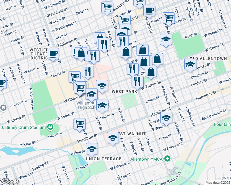 map of restaurants, bars, coffee shops, grocery stores, and more near 222 North 16th Street in Allentown