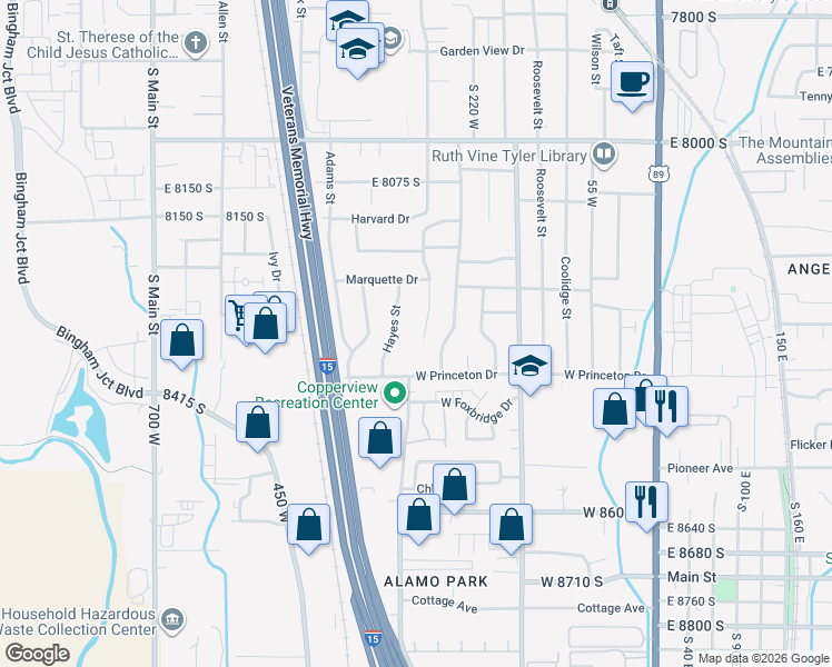 map of restaurants, bars, coffee shops, grocery stores, and more near 8298 Harrison Street in Midvale