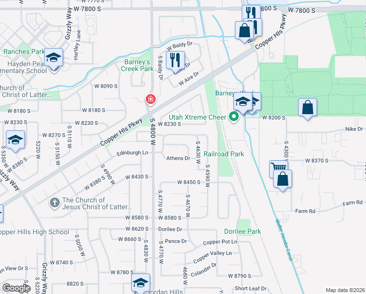 map of restaurants, bars, coffee shops, grocery stores, and more near 4689 Helenic Lane in West Jordan