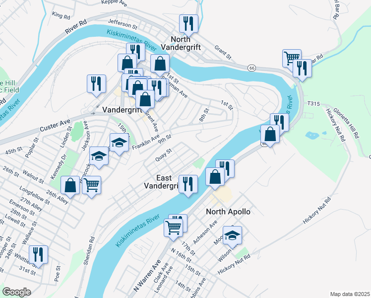map of restaurants, bars, coffee shops, grocery stores, and more near 217 Quay Street in Vandergrift