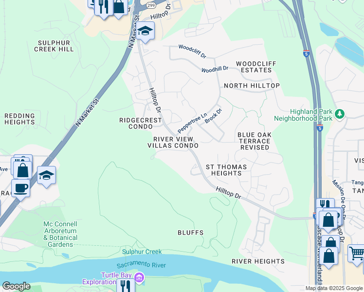map of restaurants, bars, coffee shops, grocery stores, and more near 320 Hilltop Drive in Redding