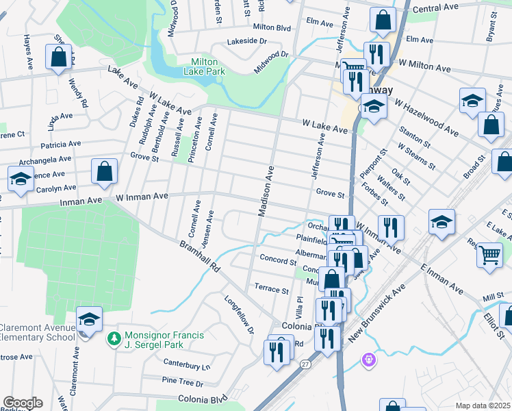 map of restaurants, bars, coffee shops, grocery stores, and more near 524 West Inman Avenue in Rahway