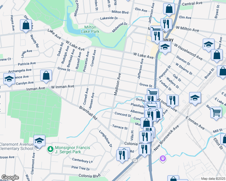 map of restaurants, bars, coffee shops, grocery stores, and more near 524 West Inman Avenue in Rahway