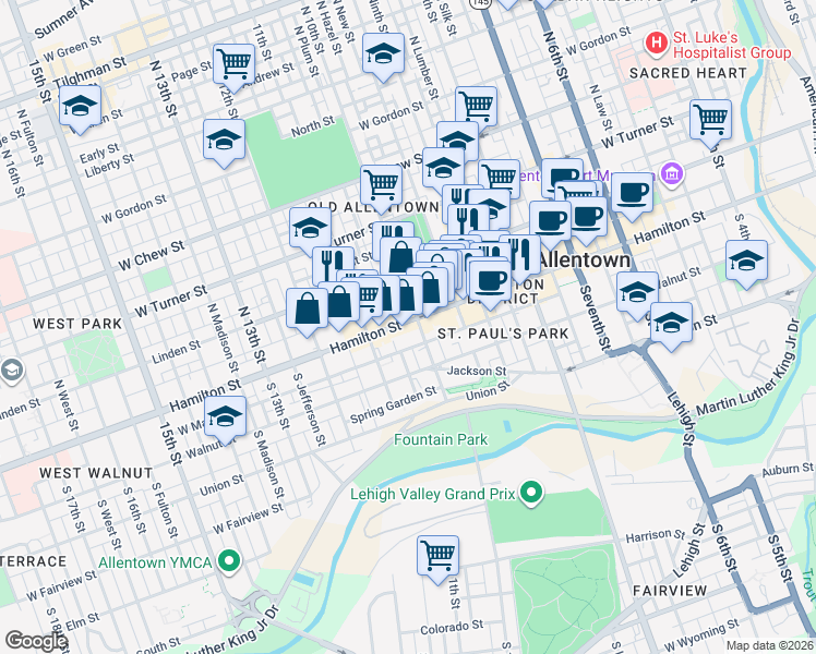 map of restaurants, bars, coffee shops, grocery stores, and more near 1010 Hamilton Street in Allentown