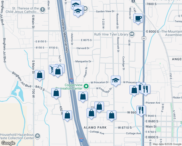 map of restaurants, bars, coffee shops, grocery stores, and more near 8298 Harrison Street in Midvale