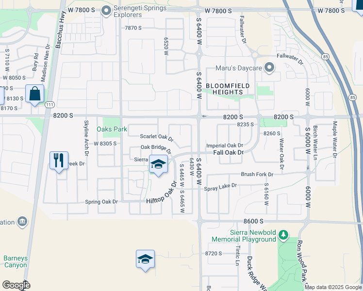 map of restaurants, bars, coffee shops, grocery stores, and more near 6484 Scarlet Oak Drive in West Jordan