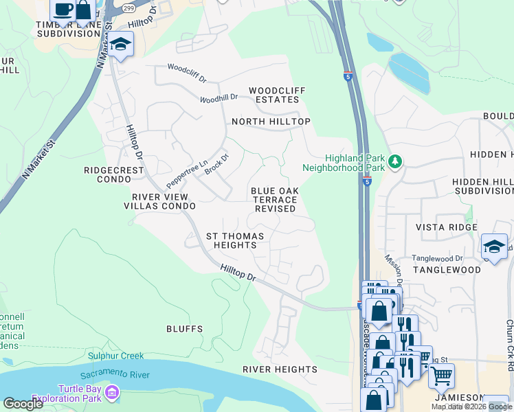 map of restaurants, bars, coffee shops, grocery stores, and more near 635 Alamine Drive in Redding