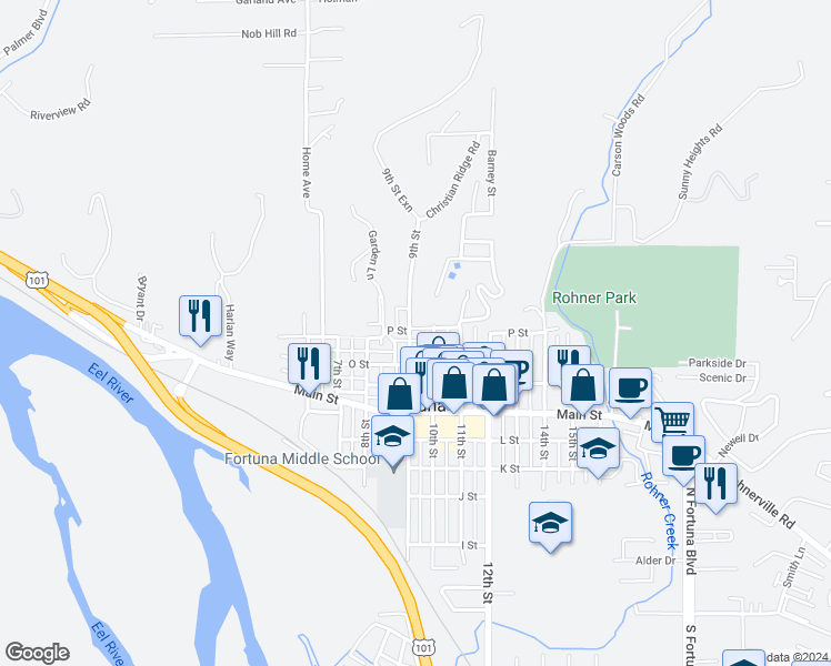 map of restaurants, bars, coffee shops, grocery stores, and more near 1010 9th Street in Fortuna