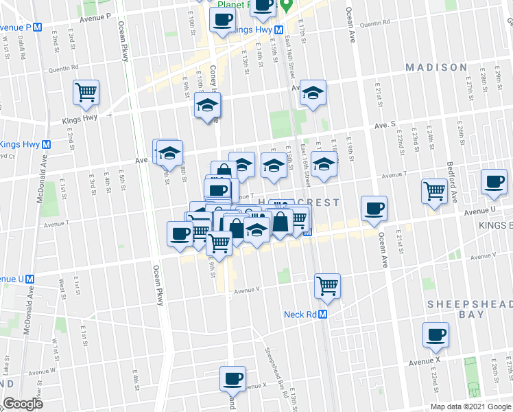 map of restaurants, bars, coffee shops, grocery stores, and more near 2012 East 13th Street in Brooklyn