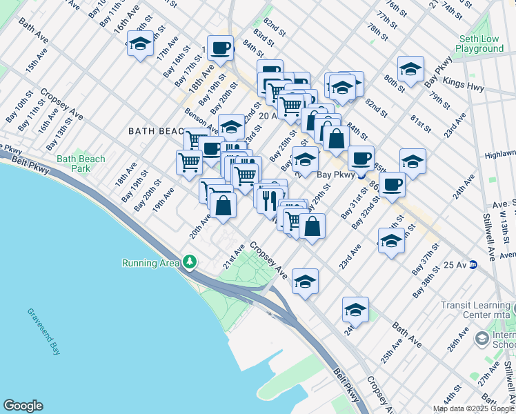 map of restaurants, bars, coffee shops, grocery stores, and more near 2061 Bath Avenue in Brooklyn