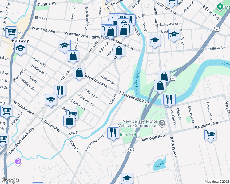 map of restaurants, bars, coffee shops, grocery stores, and more near 1118 Main Street in Rahway