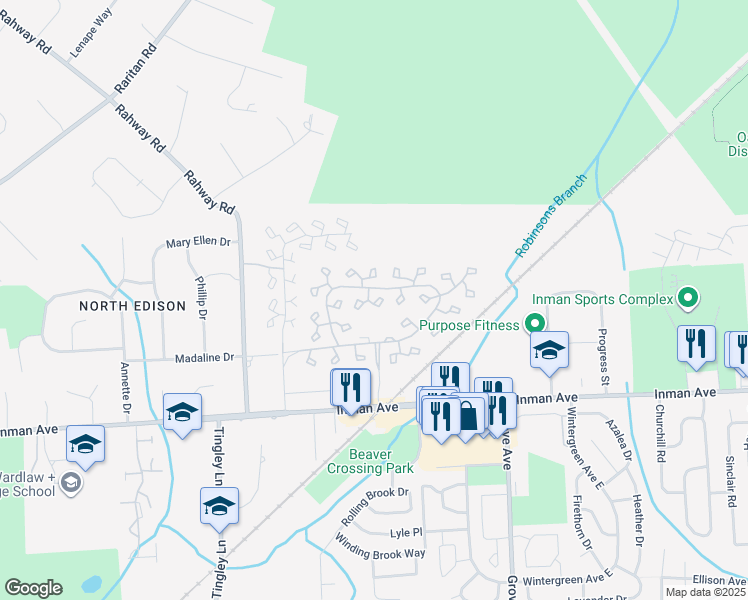 map of restaurants, bars, coffee shops, grocery stores, and more near 93 Westgate Drive in Edison