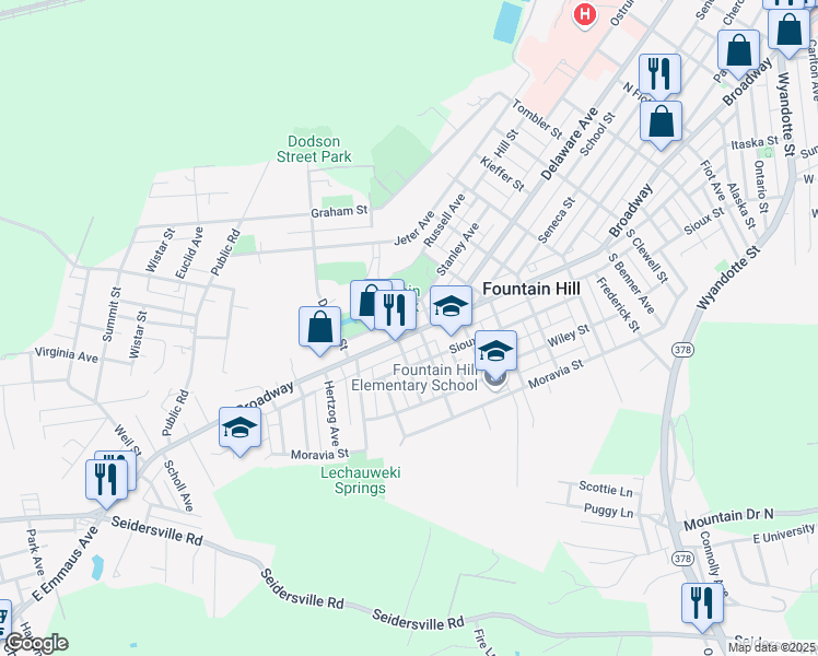 map of restaurants, bars, coffee shops, grocery stores, and more near 1319 Church Alley in Fountain Hill