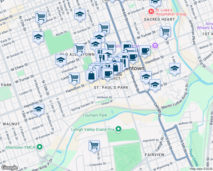 map of restaurants, bars, coffee shops, grocery stores, and more near 26 South 9th Street in Allentown