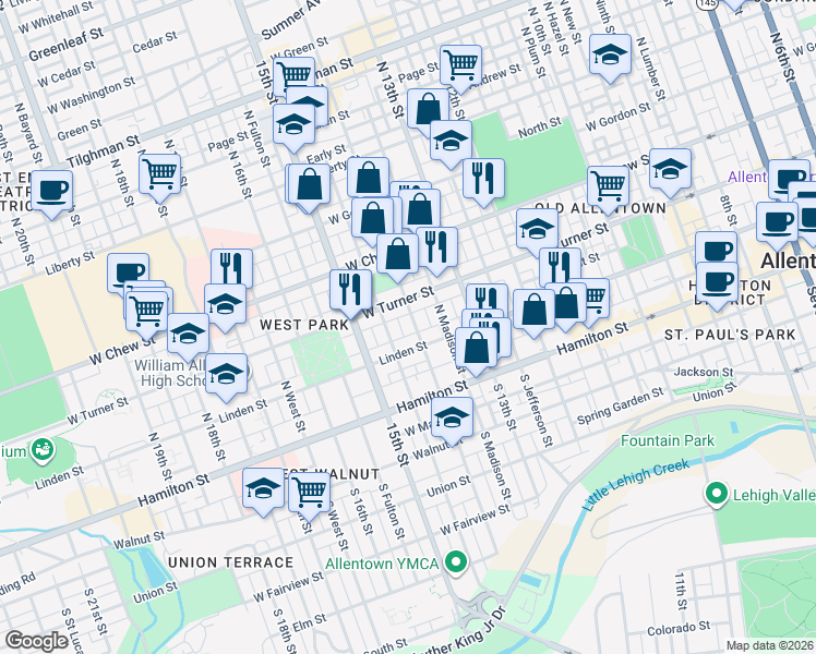 map of restaurants, bars, coffee shops, grocery stores, and more near 1414 Newton Street in Allentown