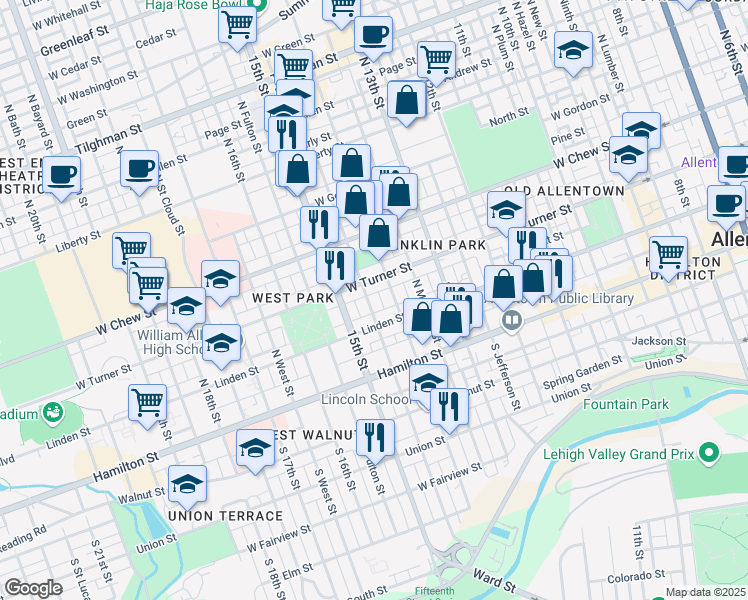 map of restaurants, bars, coffee shops, grocery stores, and more near 1414 Newton Street in Allentown